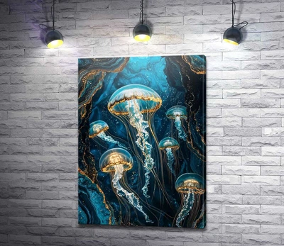 Картина Медузы в золотисто-бирюзовых рифах 93x130 см Модуль №1 (006252)