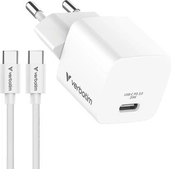 Комплект заряджання Verbatim 32396 Mini GaN USB-C 20W PD 3.0 + Cable 1m Білий (23942323969)