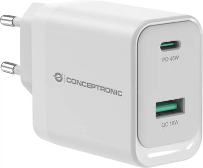 Ładowarka Conceptronic ALTHEA20W45 USB-C + USB-A 45W GaN PD 3.0 PPS QC 3.0 Biała (ALTHEA20W45)