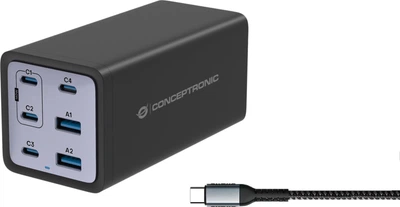 Stacja ładowania Conceptronic OZUL06BE 4xUSB-C + 2xUSB-A 200W GaN PD 3.1 PPS QC 3.0 Czarna (OZUL06BE)