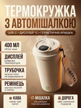 Аккумуляторный термос с магнитной мешалкой с сенсорным управлением на 400 мл автоматическим перемешиванием Happy Home JB-006 LED индикатором температуры напитка