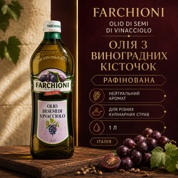 Виноградное масло Farchioni Olio Di Semi Di Vinacciolo 1 л масло из косточек винограда рафинированное пищевое растительное итальянское масло для фритюра жарки овощей картофеля запекания гриля заправки салатов приготовления соусов маринования рыбы белого м