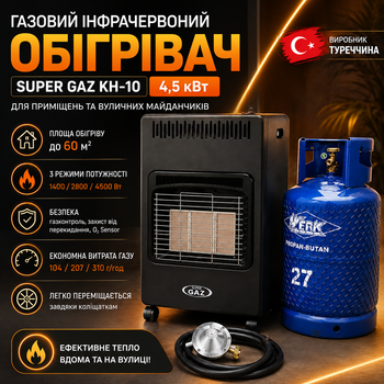 Комплект газовый инфракрасный обогреватель Super Gaz KH‑10 4.5 кВт с баллоном 27 л редуктором и шлангом Турция для дома дачи гаража мастерские склада теплицы