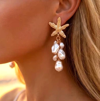 Сережки біжутерія Подовжені Морське бароко Fashion jewelry Білий золотистий
