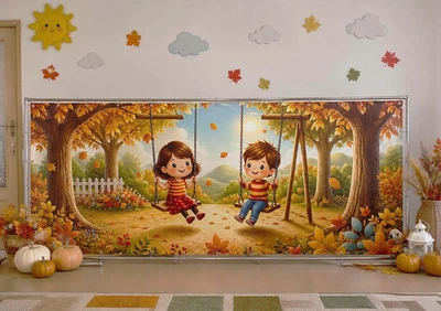 Баннер осенний для фотозоны PHOTODECOR «Осенняя прогулка с детьми на качелях» 1 кв.м.