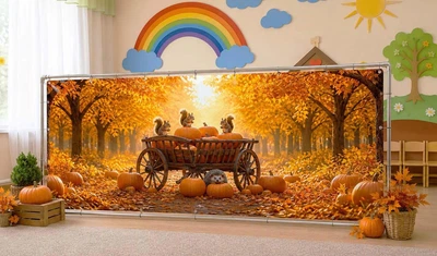Баннер осенний для фотозоны PHOTODECOR «Тыквы с белочками на телеге» 1 кв.м.
