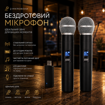 Портативные двойные беспроводные микрофоны Goshyda, 2 микрофона + USB приёмник, до 8 часов работы, для караоке и выступлений