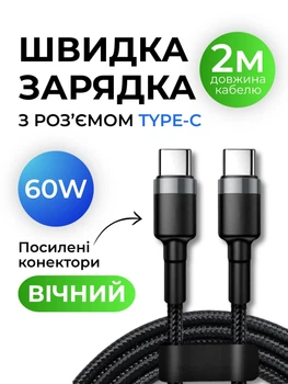 Кабель для швидкої зарядки ноутбуків планшетів смартфонів 60Вт Power Delivery шнур type c для Apple Samsung ipad провід для заряджання айфона Xiaomi шнур тайпсі 2м CC60-2M