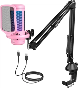USB микрофон TONOR TC310+ RGB с пантографом (Pink)