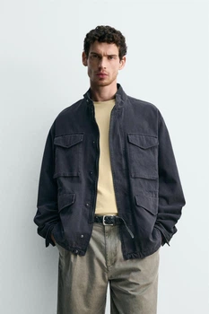 Чоловіча куртка ZARA з бавовняної тканини під джинсу з ефектом потертості navy blue M, арт.1437/504/401