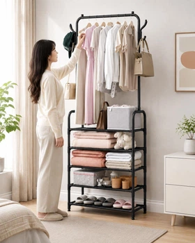 Вешалка для одежды с полками для обуви Clothes Rack Up 170×60×26 см 2055858 черная.