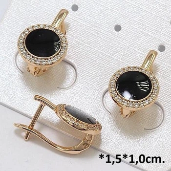 Серьги классические круглые Xuping с черным камешком золотистые 1.5х1 см