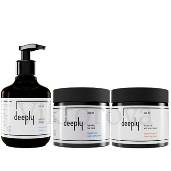 Набор для увлажнения для всех типов волос Deeply (Увлажняющий шампунь Deeply Hydrating Shampoo 250мл, Увлажняющая маска Deeply Hydrating Hair Mask 300мл, Скраб для кожи головы Deeply Scalp Scrub With Apricot Kernel 300мл)