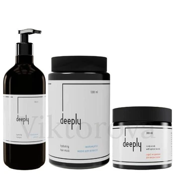 Набор для увлажнения для всех типов волос Deeply (Увлажняющий шампунь Deeply Hydrating Shampoo 1л, Увлажняющая маска Deeply Hydrating Hair Mask 1л, Скраб для кожи головы Deeply Scalp Scrub With Apricot Kernel 300мл)
