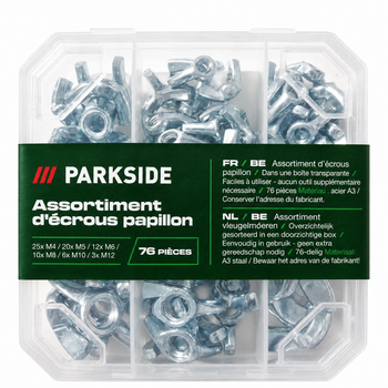 Набор гаек-барашек PARKSIDE, 76 шт, M4–M12, ассортимент в пластиковом органайзере