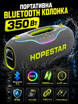 Портативная Bluetooth колонка Hopestar для вечеринок с мощностью 350 Вт IPX6 и батареей 30000 mAh до 24 часов