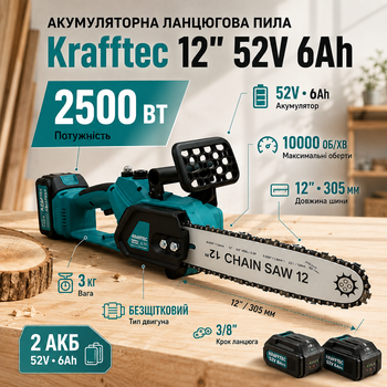 Аккумуляторная цепная пила Krafftec 12 дюймов 52 В 6 А·ч бесщеточная электропила беспроводная 2500 Вт шина 30 см 10000 об мин для дерева веток сада дров с автоматической смазкой тормозом 2 АКБ кейсом