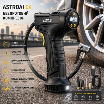 Беспроводной компрессор AstroAI C4 150 PSI, автостоп, цифровой манометр, LED, 4 адаптера, 450 г, для авто/мото/вело