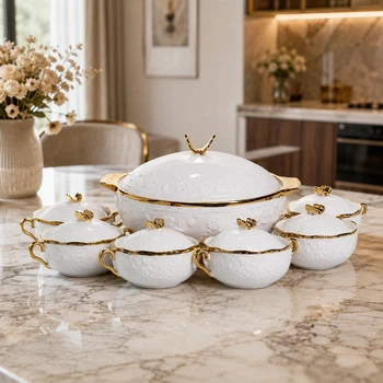 Суповой сервиз из фарфора 7 предметов на 6 персон супница 3 литра 6 тарелок для супа 300 мл сервиз для супа на подарок Золото