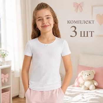 Футболка детская 3 шт однотонная хлопок для девочки Baykar р 3 122-128 см 5-6 лет арт 4644-01 Белая