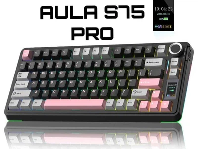 Клавиатура Беспроводная AULA S75 PRO Black-Pink Игровая Механическая. 2.4G/Bluetooth/Кабель. c Экранчиком. RGB Подсветка. Аккумулятор 4000mAh. Star Vector Linear Switch