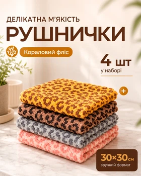 Набор полотенец из микрофибры и кораллового флиса для лица и рук 30x30 см 4 шт Разноцветный