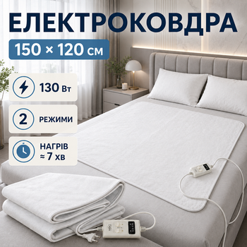 Электроодеяло 150 × 120 см 130 Вт Электропростынь с пультом управления и 2 температурными режимами