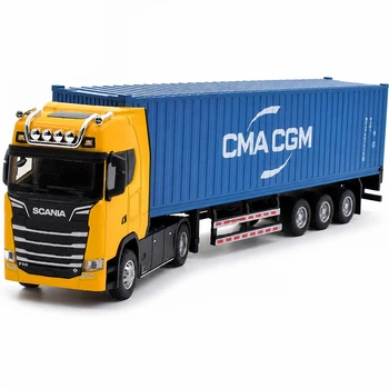 Металлический грузовик Scania S730 1:50, фура-контейнероз с трейлером, светятся фары, звук двигателя, инерция