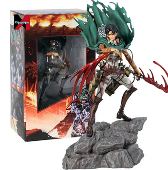 Коллекционная аниме фигурка Леви Акерман Атака Титанов (Levi Ackerman Attack on Titan) с эффектом битвы и плащом Разведкорпуса, 35 см