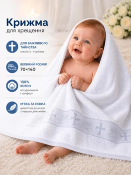 Крыжма для крещения обряда крестин ребенка новорожденного младенца крестильное полотенце махровое мягкое 70×140 см подарок на крестины церковное белоснежное с серебряной вышивкой нежное для кожи мальчика и девочки впитывающее влагу после купели хлопок