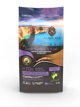 Беззерновой сухой корм Ambrosia Mediterranean с сардиной и треской для пожилых и стерилизованных собак, 1,5 кг