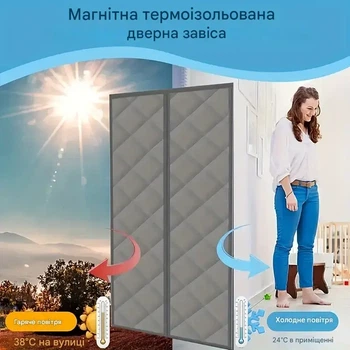 Магнитная теплоизоляционная штора на дверь от холода раздвижная дверная занавеска на магнитах Серая 90*210 см