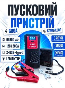 Автомобильное пусковое устройство Jump Starter 69800 mAh с компрессором Пуско-зарядный бустер для авто 12V 600A Повербанк с фонарем в кейсе