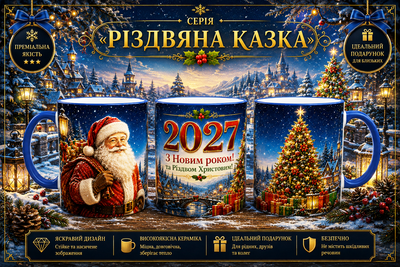 Кружка (чашка) з принтом «З Новим роком! та Різдвом Христовим!» 2027 із серії «Різдвяна Казка» – новорічний та різдвяний подарунок | Керамічна 330 мл(синя ручка)