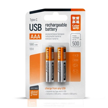 Аккумулятор ColorWay AAА USB-С 590 mAh 1.5V (2шт) (Li-Polymer) (CW-UBAAA-09)