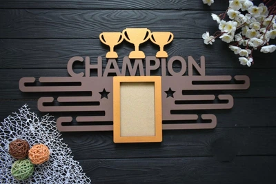 Вешалка для медалей из дерева, медальница с фоторамкой, CHAMPION, под заказ (МД0347)