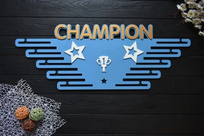 Універсальна для медалей з дерева, медальниця чемпіон з кубком, CHAMPION, під замовлення (МД0353)