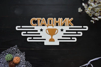 Именная вешалка для медалей из дерева, медальница с кубком, под заказ (МД0320)