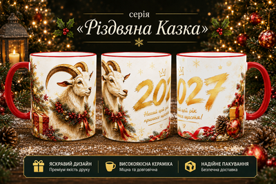 Кружка (чашка) з принтом Рік Кози 2027 із серії «Різдвяна Казка» – новорічний та різдвяний подарунок | Керамічна 330 мл(червона ручка)