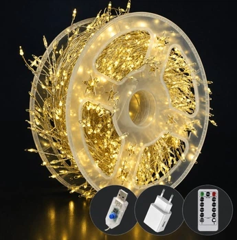 Светодиодная гирлянда Роса-мишура 50 м, 1500 LED, 8 режимов, теплый белый свет, прозрачный провод, USB, 19722-07