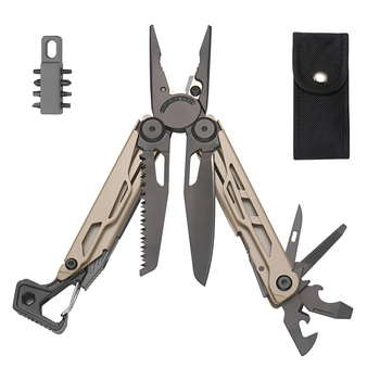 Мультитул 25-в-1 Multitool Pliers универсальный инструмент из нержавеющей стали 420 с набором бит и нейлоновым чехлом, Desert Tan