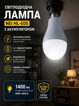 Лампа світлодіодна з акумулятором NEI HL-E05 Аварійна лампочка під патрон E27 із відсіком для батареї 2×18650 автономне освітлення електролампа для дачі кемпінгу гаража Білий