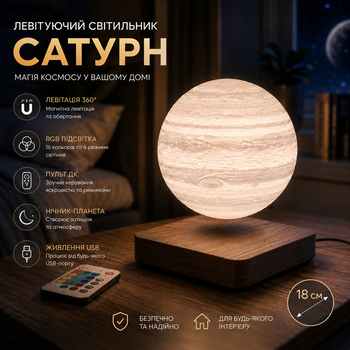 Левитирующий RGB светильник «Сатурн» 18 см с пультом дистанционного управления, магнитная левитация, ночник-планета, вращение 360°