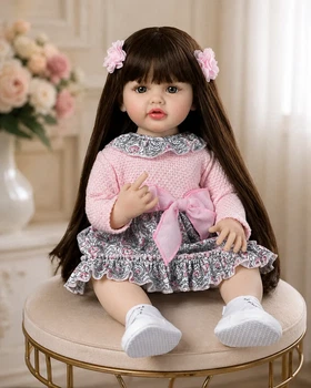 Реалістична лялька Reborn Baby Doll Seline 55 см — вінілова дівчинка з довгим темним волоссям та аксесуарами, можна купати (RB090)