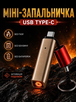 Електронна запальничка міні прикурювач USB Type-C для телефона смартфона павербанка OTG з вольфрамовою спіраллю активацією подувом без газу бензину полум’я батарейок вітростійкий портативний брелок золотистий