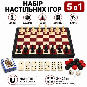 Набір настільних ігор 5 в 1 Шахи Шашки Нарди Доміно Карти магнітний складний 24×24 см IV-CHS51K