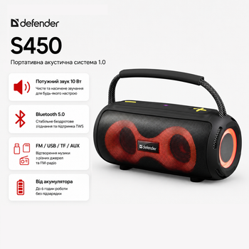 Портативная колонка Defender S450 10W Bluetooth RGB FM радио Черный (65451)