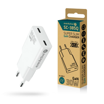 Зарядное устройство everActive GaN SC-385Q White Super Slim, 2xUSB-С QC3.0+PD 30W, AC220V