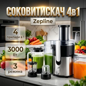 Соковитискач відцентровий 4в1 Zepline ZP-122 Блендер/Подрібнювач/Кавомолка 3000Вт 3 режими роботи