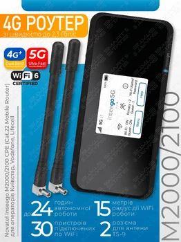 M2100Комплект 5G/4G LTE WiFi мобільний інтернет роутер Novatel Inseego M2100/2000 CPE + 2 антени TS-9 (5 дБі) | Швидкість до 2.5 Гбіт/с Cat.22 | Акумулятор 5050 мАг (до 24 год) | Wi-Fi 6 | Два виходи TS-9 MIMO | Київстар, Vodafone, Lifecell